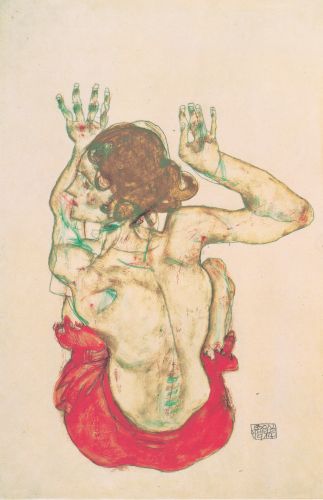NUDO FEMMINILE SEDUTO DI SCHIENA CON DRAPPO ROSSO